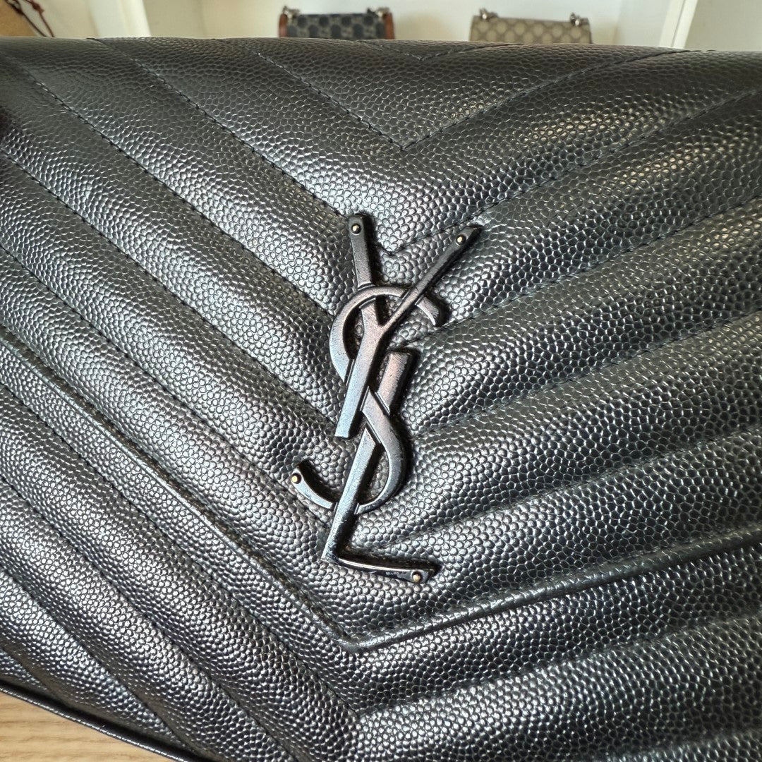 Saint Laurent YSL Monogram Large Wallet on Chain in Grained Leather Black Monochrome