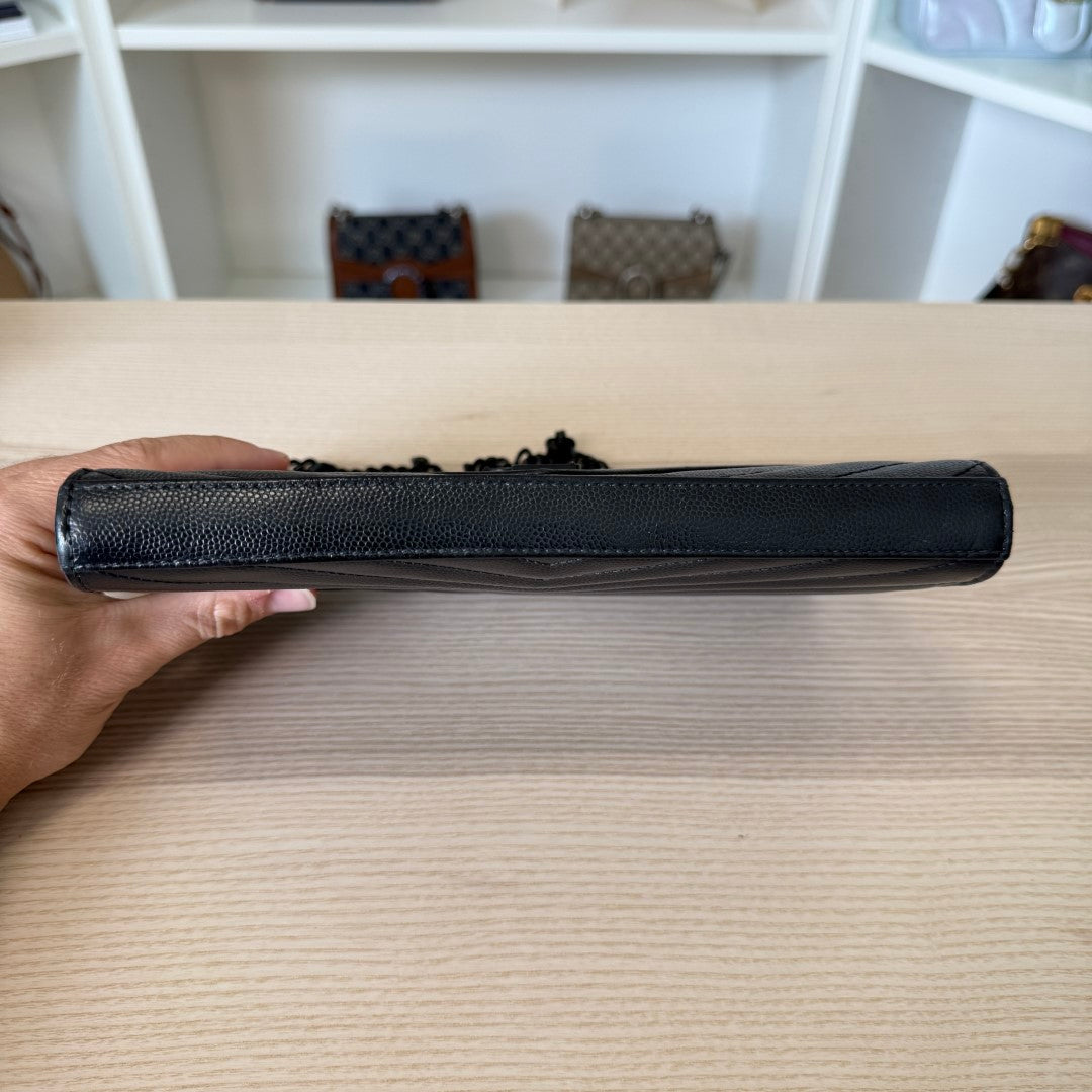 Saint Laurent YSL Monogram Large Wallet on Chain in Grained Leather Black Monochrome