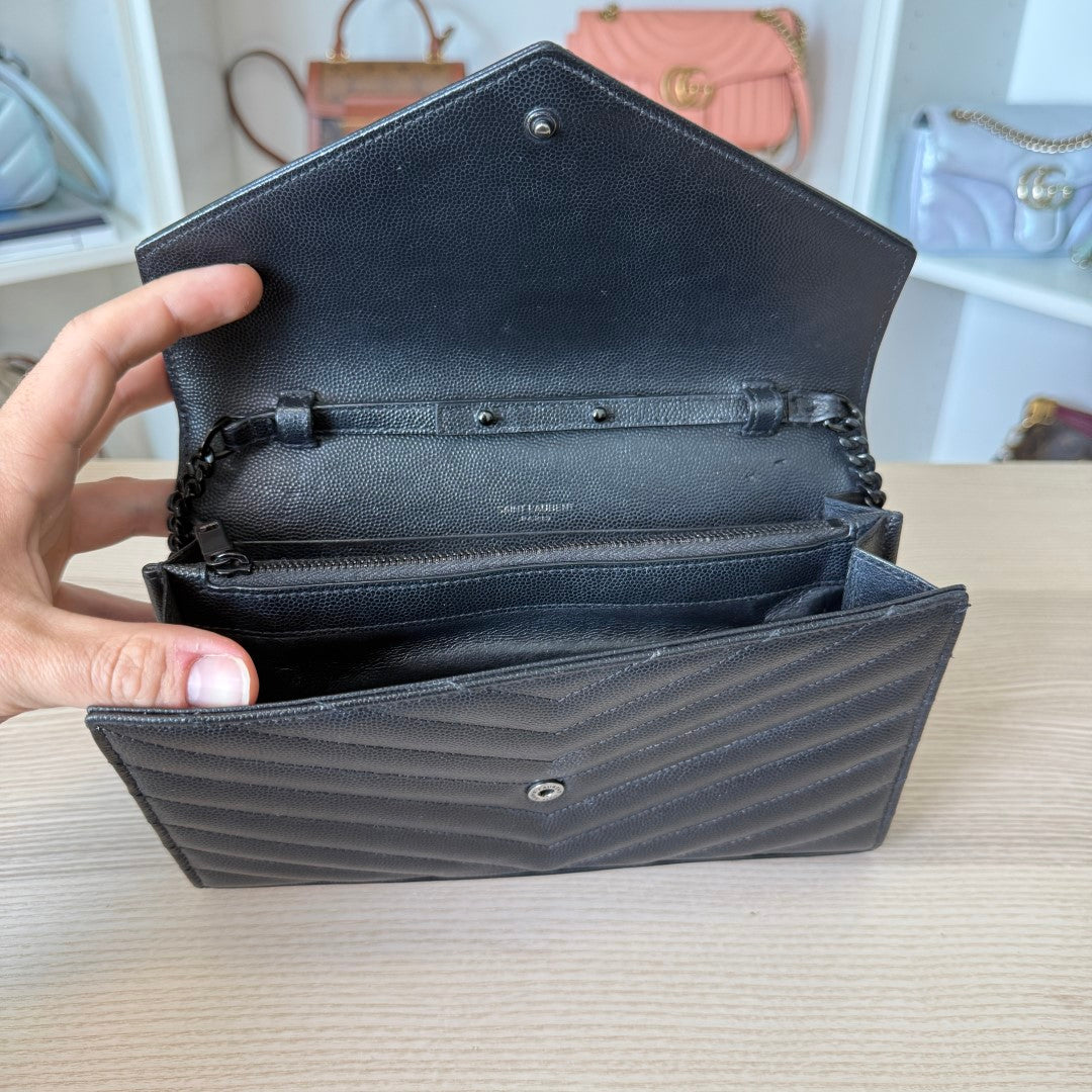 Saint Laurent YSL Monogram Large Wallet on Chain in Grained Leather Black Monochrome