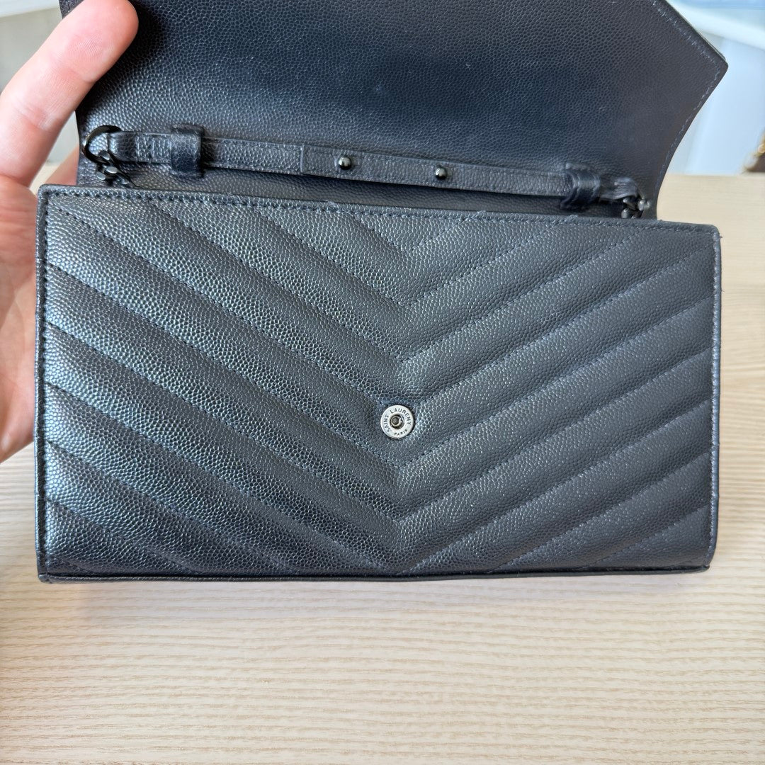 Saint Laurent YSL Monogram Large Wallet on Chain in Grained Leather Black Monochrome