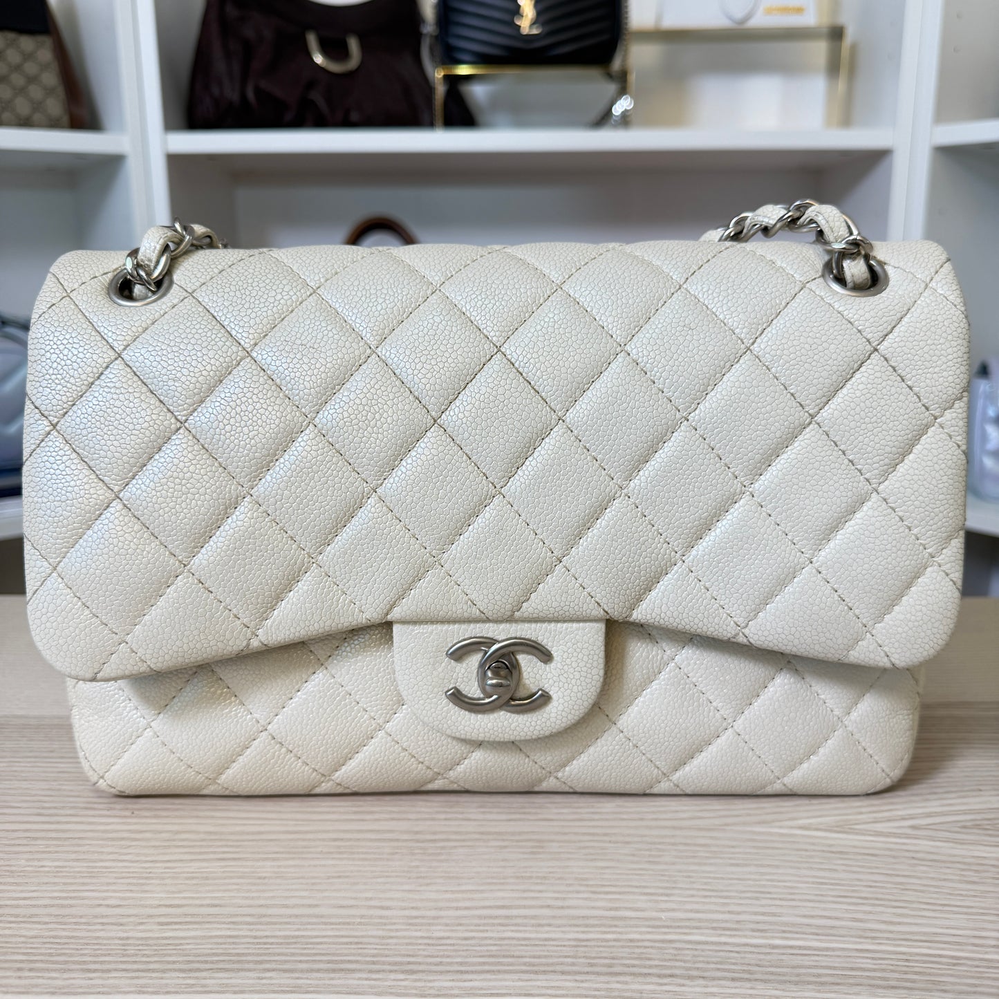 Chanel Pearly Caviar Quilted Jumbo Double Flap Dark White