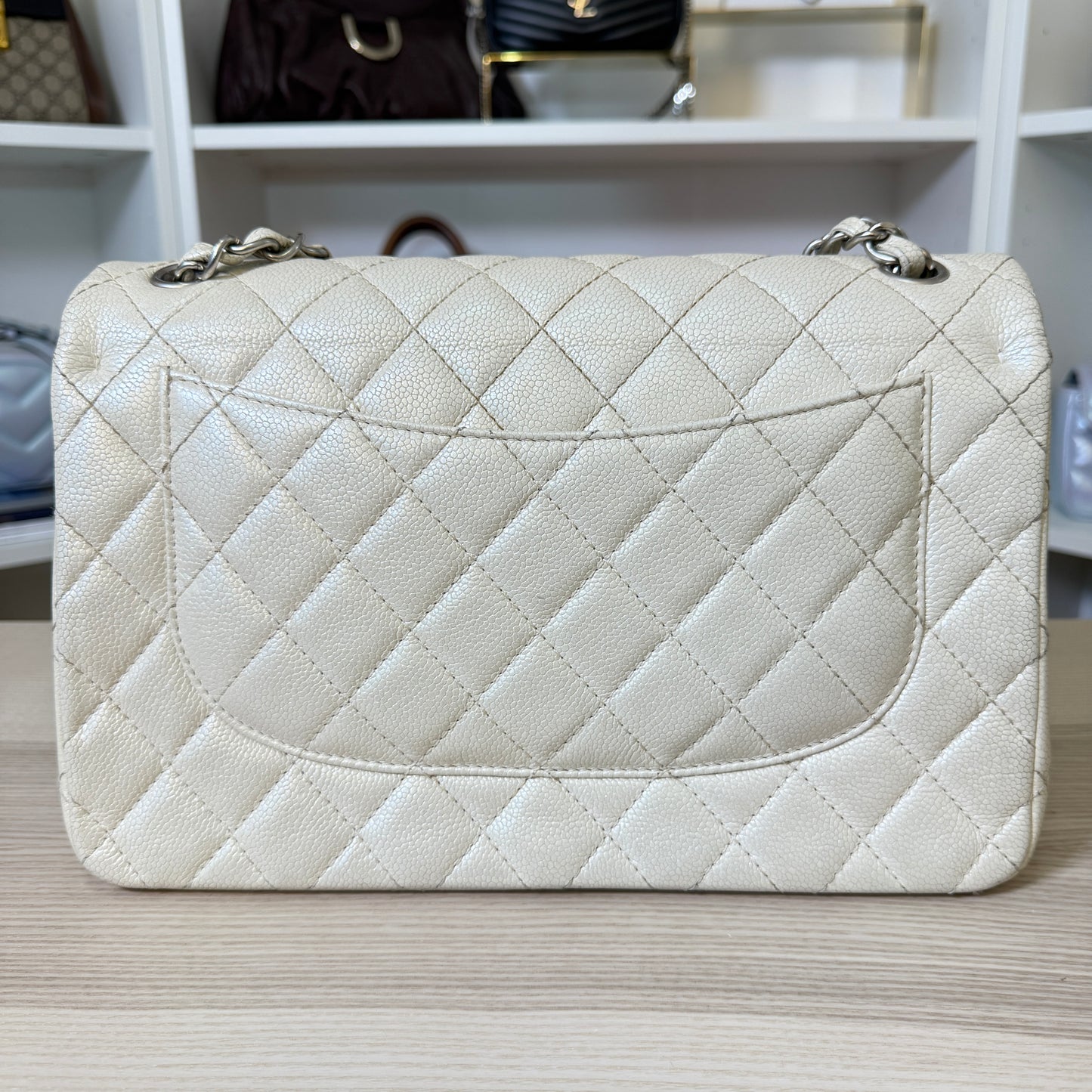 Chanel Pearly Caviar Quilted Jumbo Double Flap Dark White