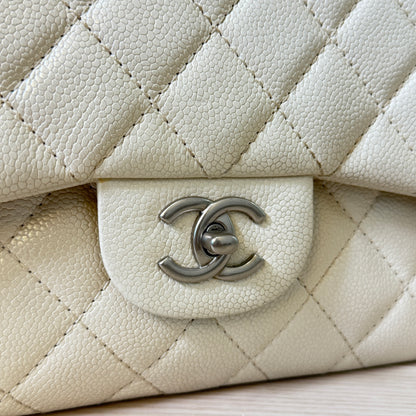 Chanel Pearly Caviar Quilted Jumbo Double Flap Dark White