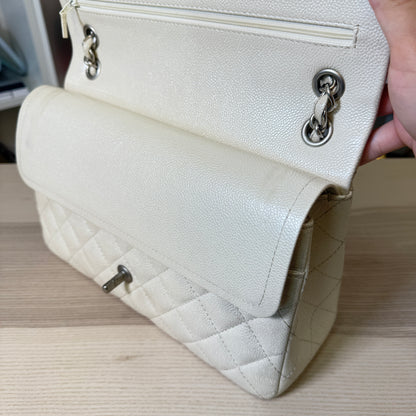 Chanel Pearly Caviar Quilted Jumbo Double Flap Dark White
