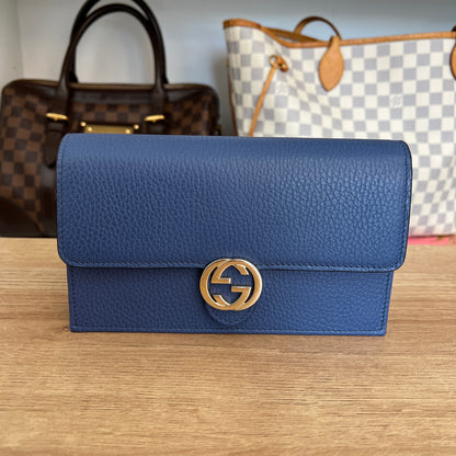 Brand New Gucci Interlocking Wallet on Chain Leather Blue