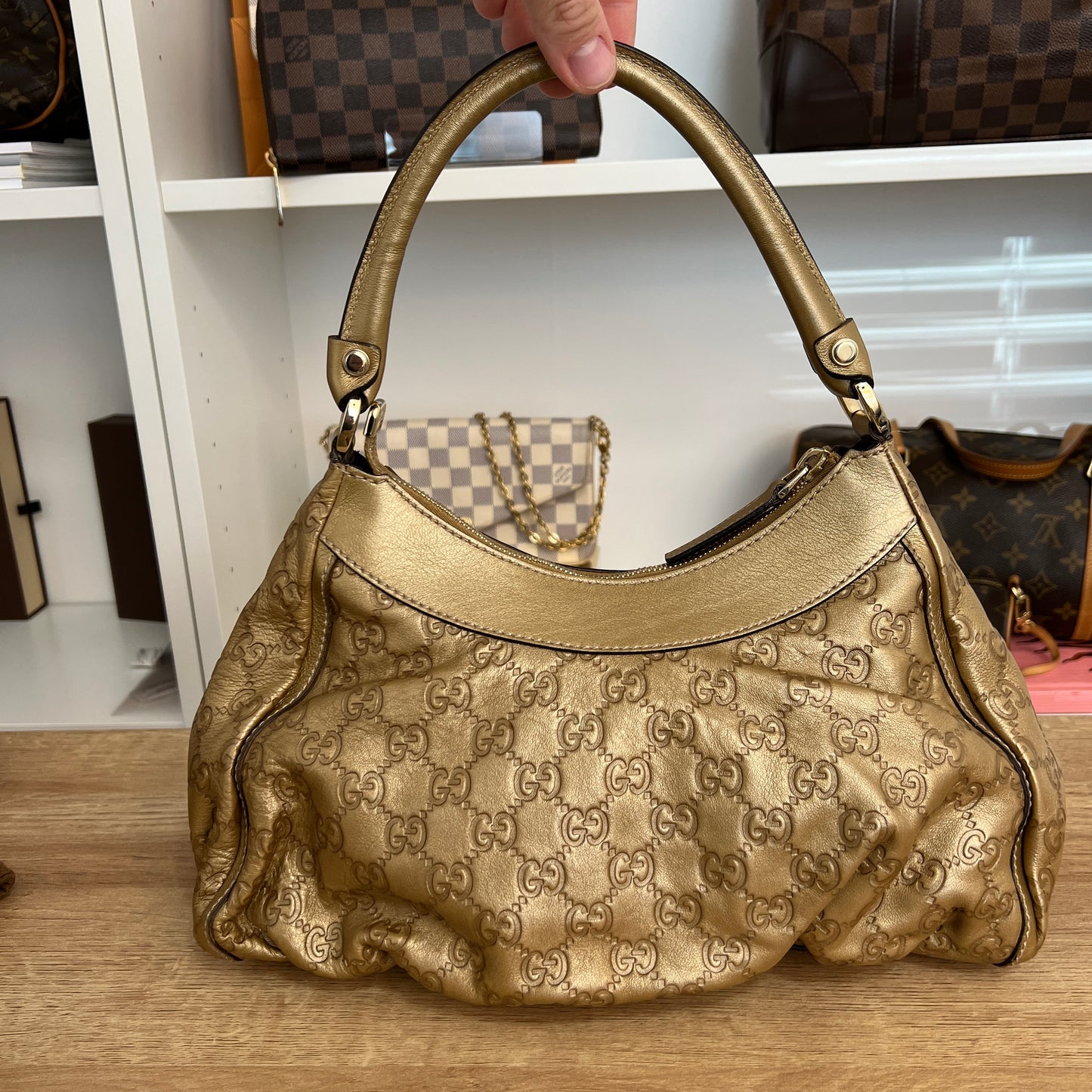 Pre-Owned Gucci Abbey Hobo Handbag Gold Leather Guccisma