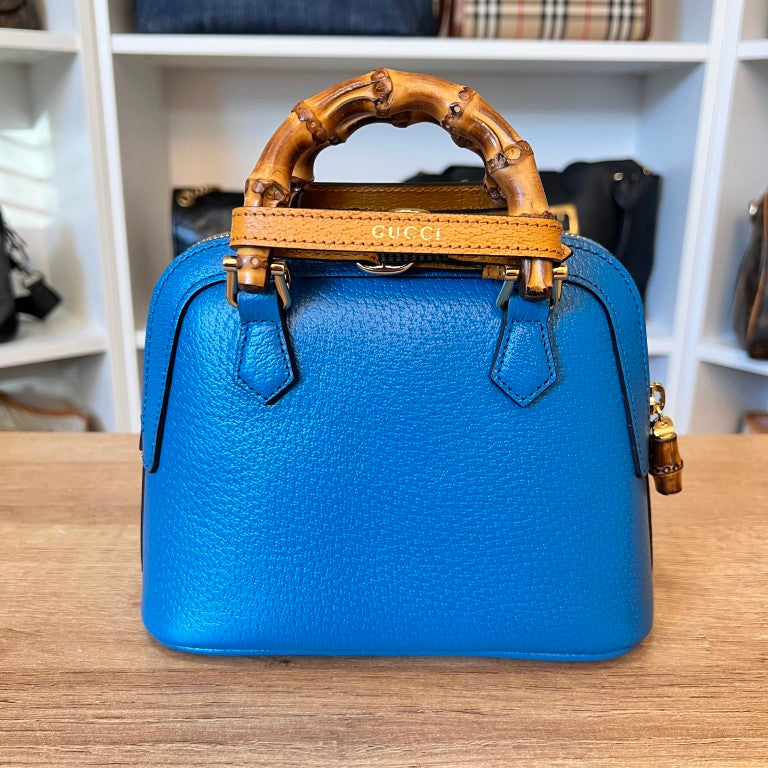 Gucci Textured Dollar Calfskin Mini Diana Dome Tote Bag Blue