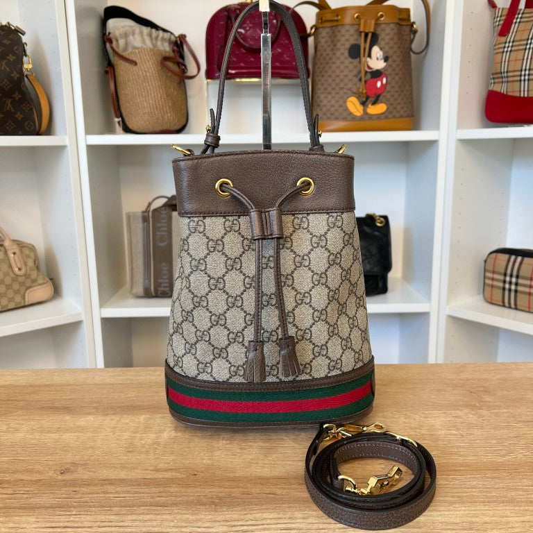 Gucci GG Supreme Monogram Web Mini Ophidia Bucket Bag Brown