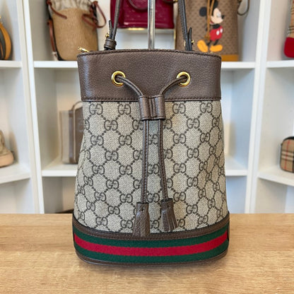 Gucci GG Supreme Monogram Web Mini Ophidia Bucket Bag Brown