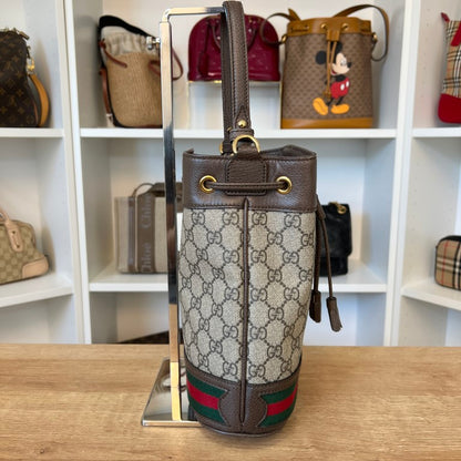 Gucci GG Supreme Monogram Web Mini Ophidia Bucket Bag Brown