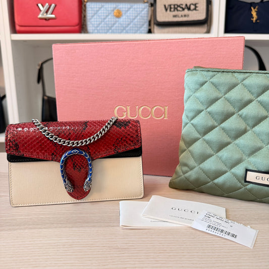 Gucci Super Mini Dionysus Snakeskin Azalea Shoulder Bag Mystic White Hibiscus Red Black