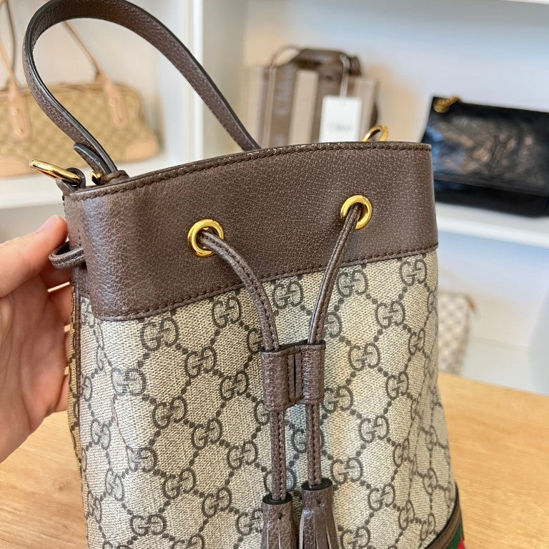 Gucci GG Supreme Monogram Web Mini Ophidia Bucket Bag Brown