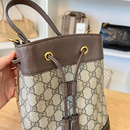 Gucci GG Supreme Monogram Web Mini Ophidia Bucket Bag Brown