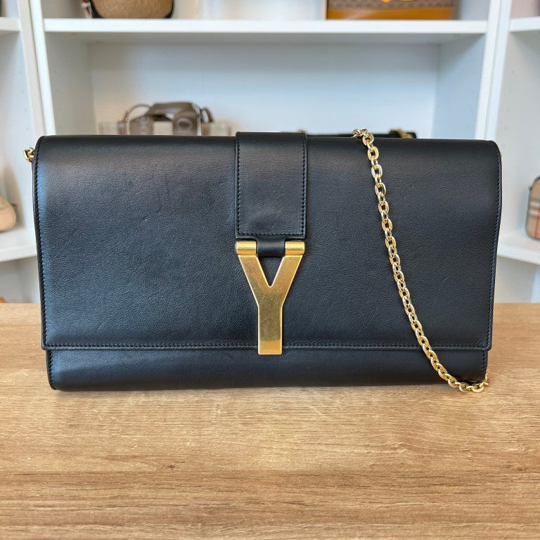 Saint Laurent Calfskin Classic Y Ligne Clutch Black/Gold with Crossbody Conversion