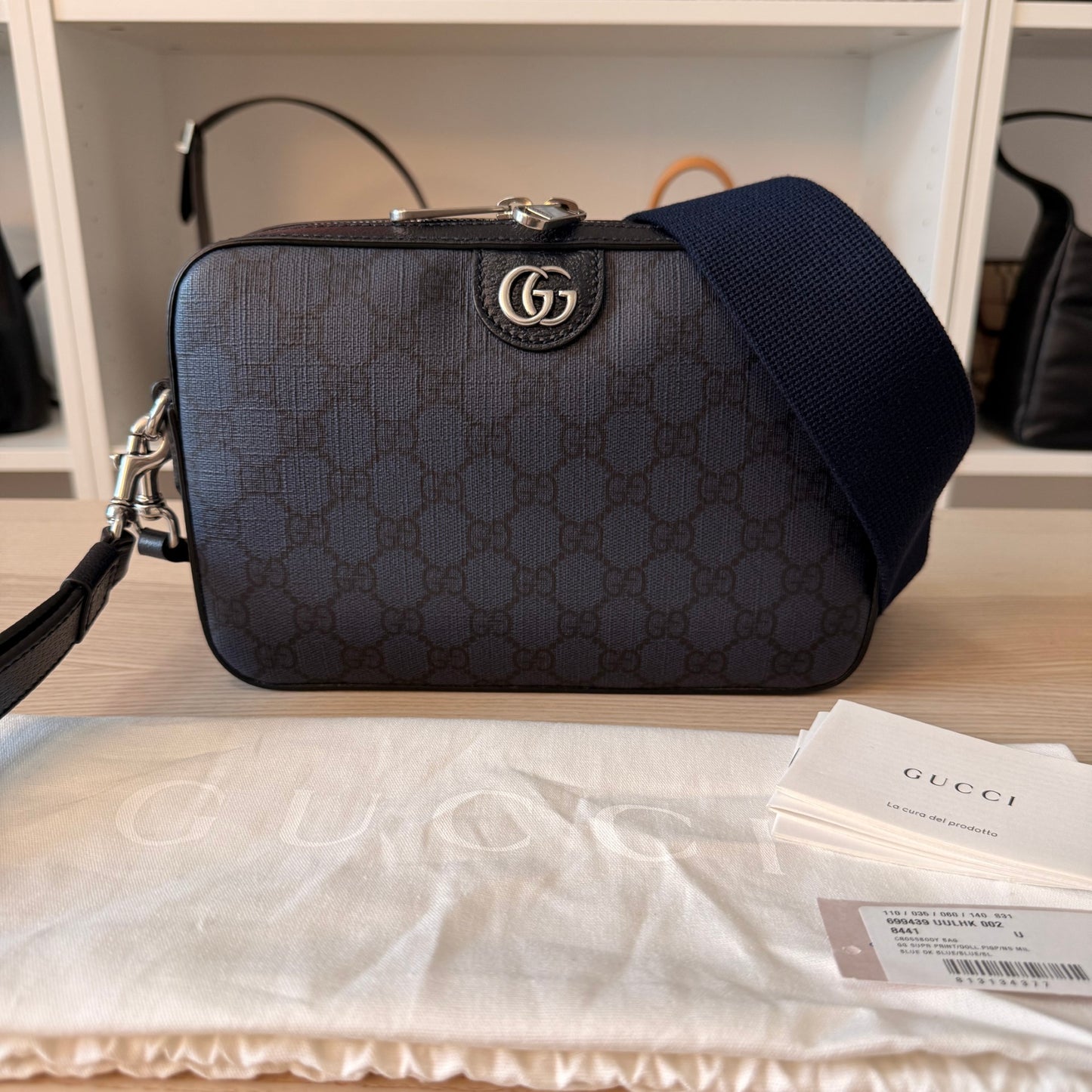 Gucci GG Supreme Monogram Ophidia Wristlet Shoulder Bag Black Blue