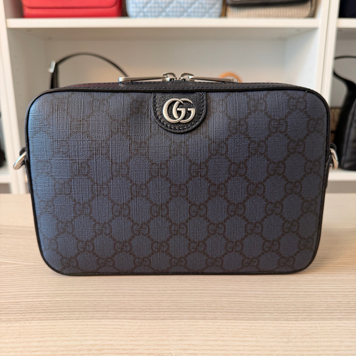 Gucci GG Supreme Monogram Ophidia Wristlet Shoulder Bag Black Blue