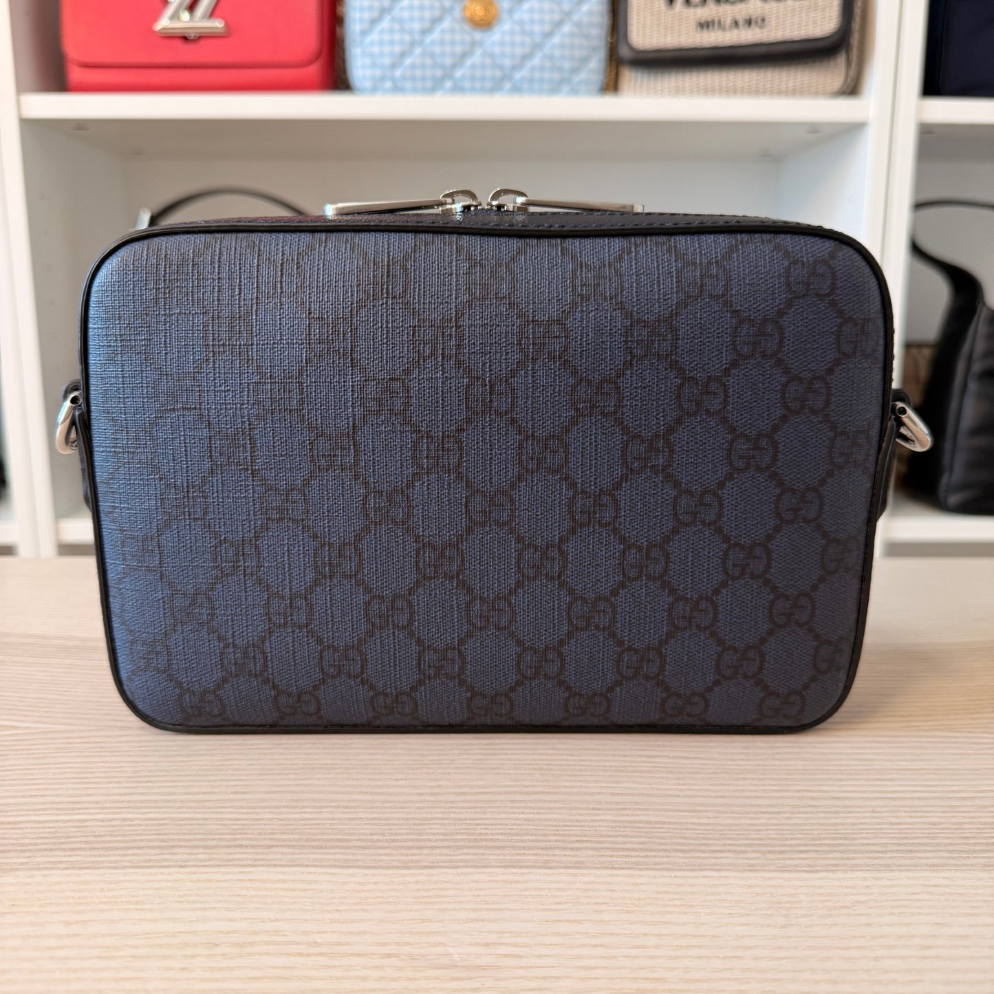 Gucci GG Supreme Monogram Ophidia Wristlet Shoulder Bag Black Blue