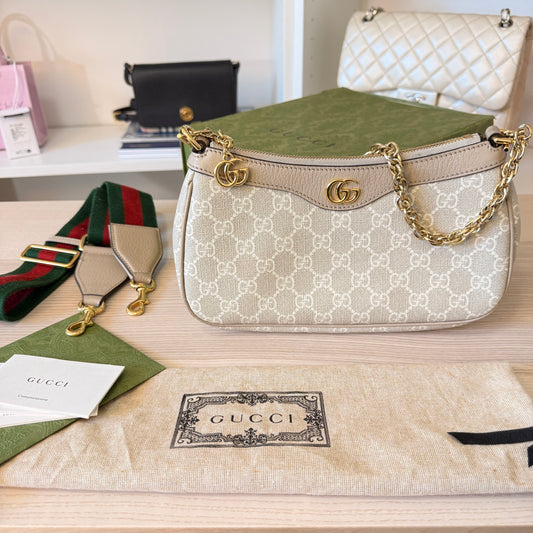 Gucci Ophidia Small Shoulder Bag Beige & White GG Supreme