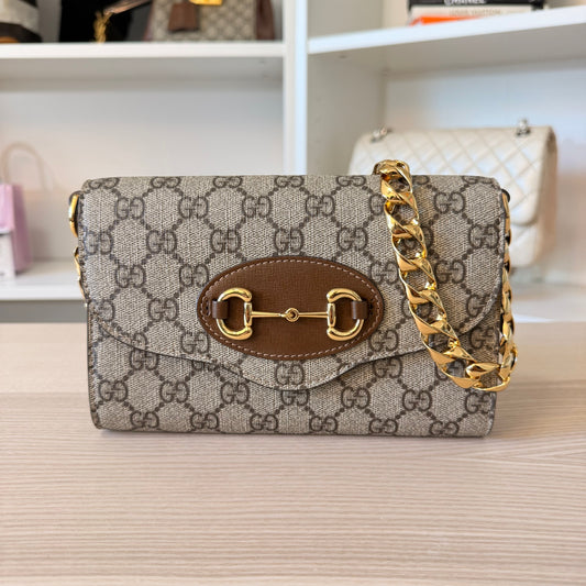 Gucci GG Supreme Monogram Azalea Calfskin Web Mini Horsebit 1955 Chain Shoulder Bag Beige