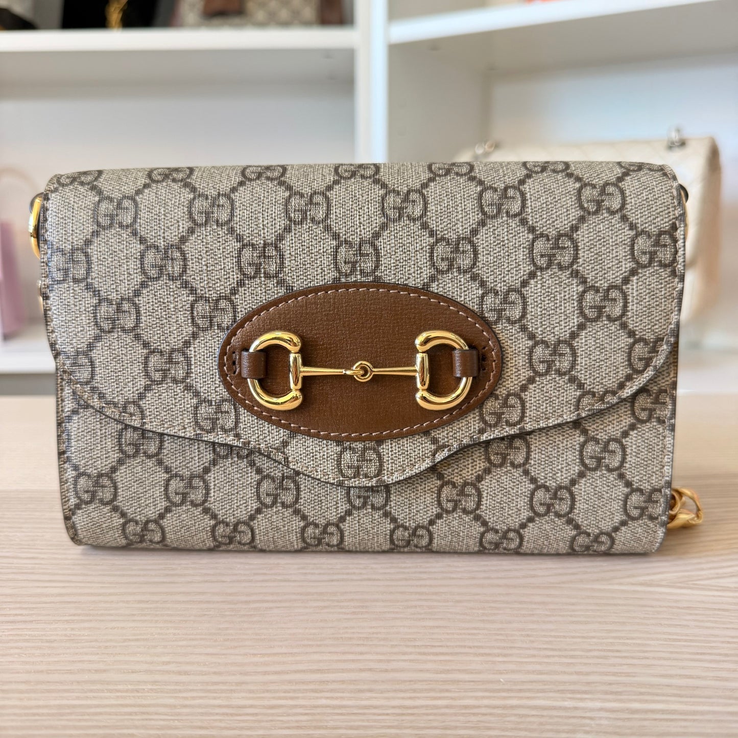 Gucci GG Supreme Monogram Azalea Calfskin Web Mini Horsebit 1955 Chain Shoulder Bag Beige