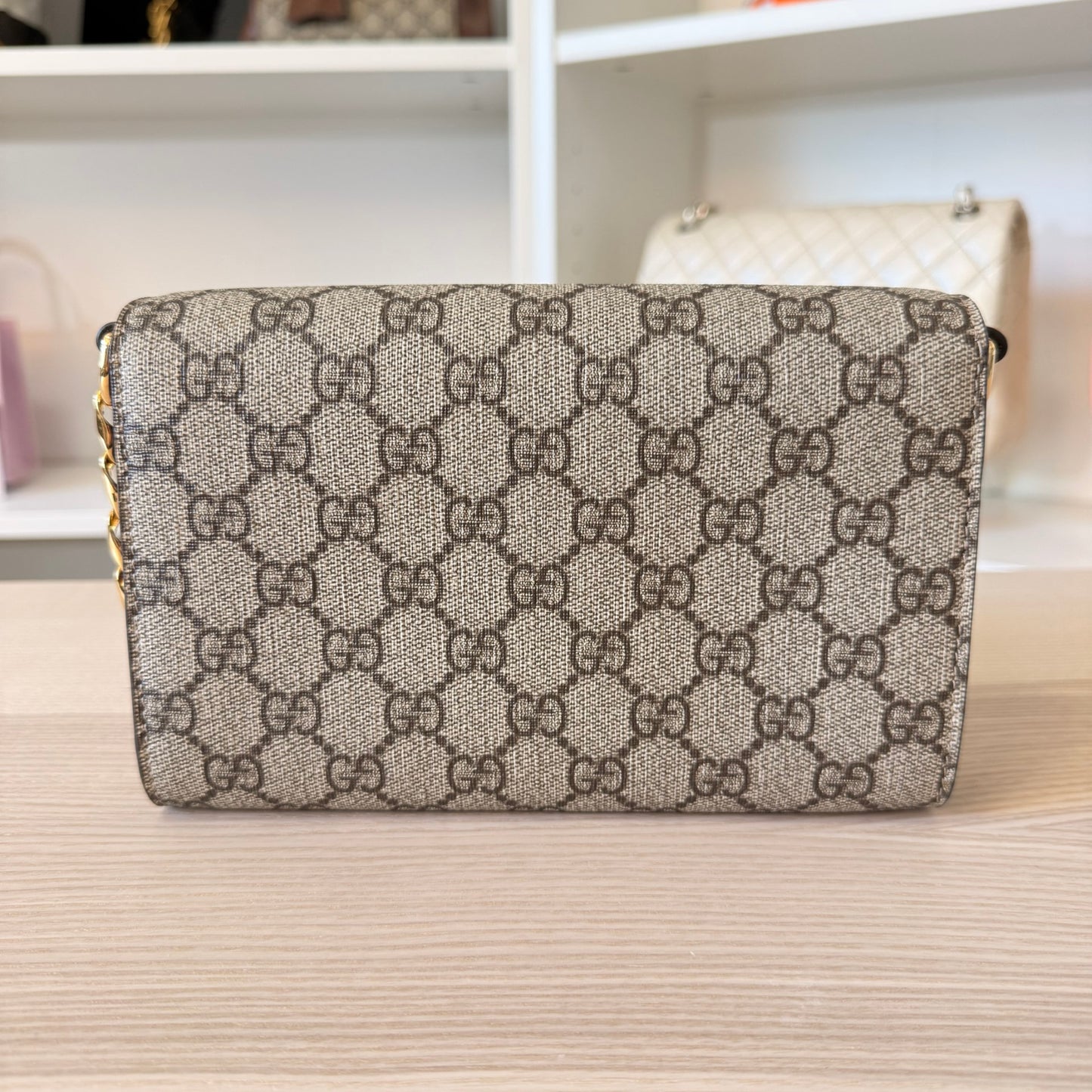 Gucci GG Supreme Monogram Azalea Calfskin Web Mini Horsebit 1955 Chain Shoulder Bag Beige
