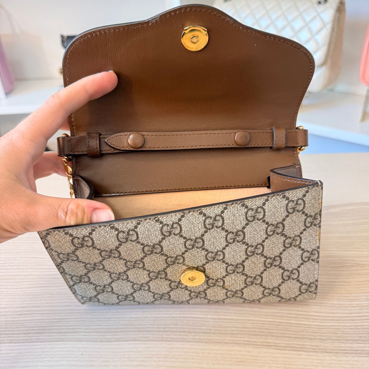 Gucci GG Supreme Monogram Azalea Calfskin Web Mini Horsebit 1955 Chain Shoulder Bag Beige