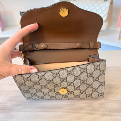 Gucci GG Supreme Monogram Azalea Calfskin Web Mini Horsebit 1955 Chain Shoulder Bag Beige