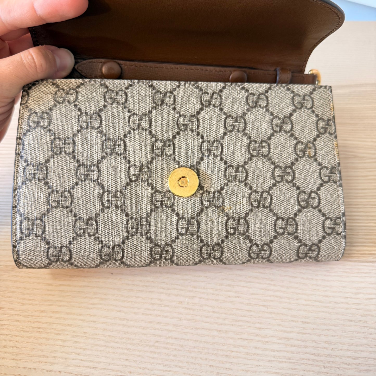 Gucci GG Supreme Monogram Azalea Calfskin Web Mini Horsebit 1955 Chain Shoulder Bag Beige