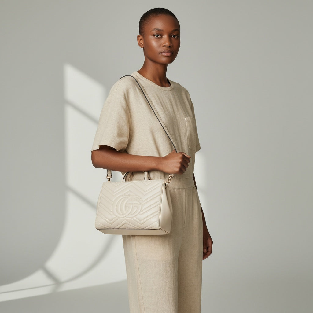 Gucci Calfskin Matelasse Small GG Marmont Tote White
