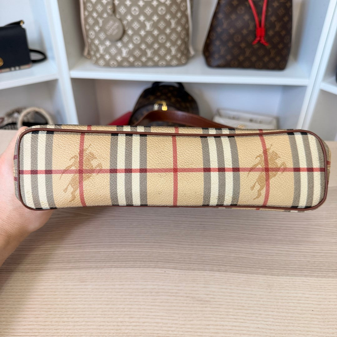 Luxe Vault Burberry House Check medium tote bag base view featuring iconic beige plaid pattern and equestrian logo