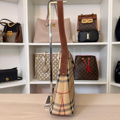 Luxe Vault Burberry House Check medium tote bag in beige canvas with dark brown leather trim, side profile view