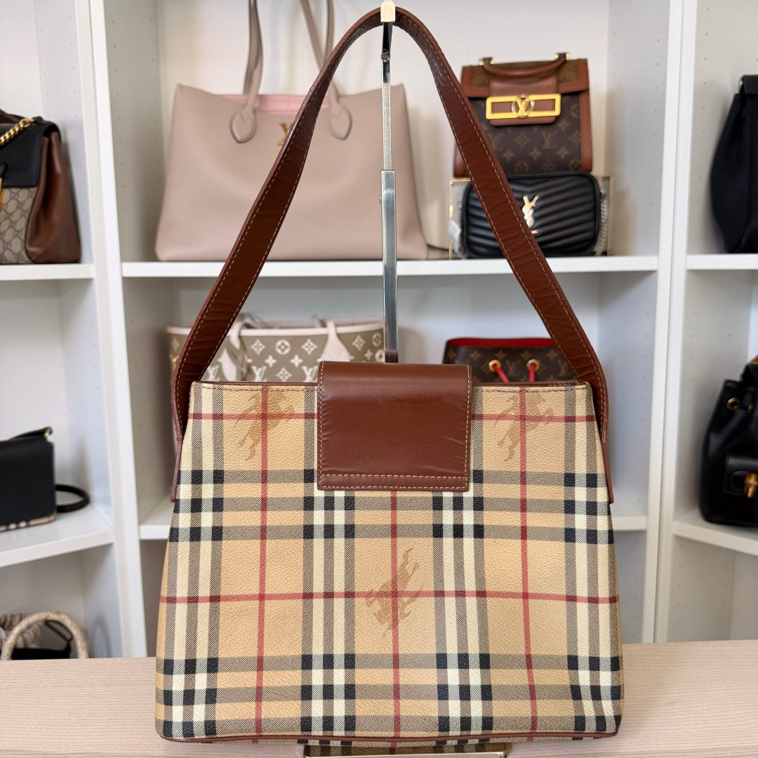 Luxe Vault Burberry House Check medium tote bag in beige canvas with dark brown leather trim and shoulder strap
