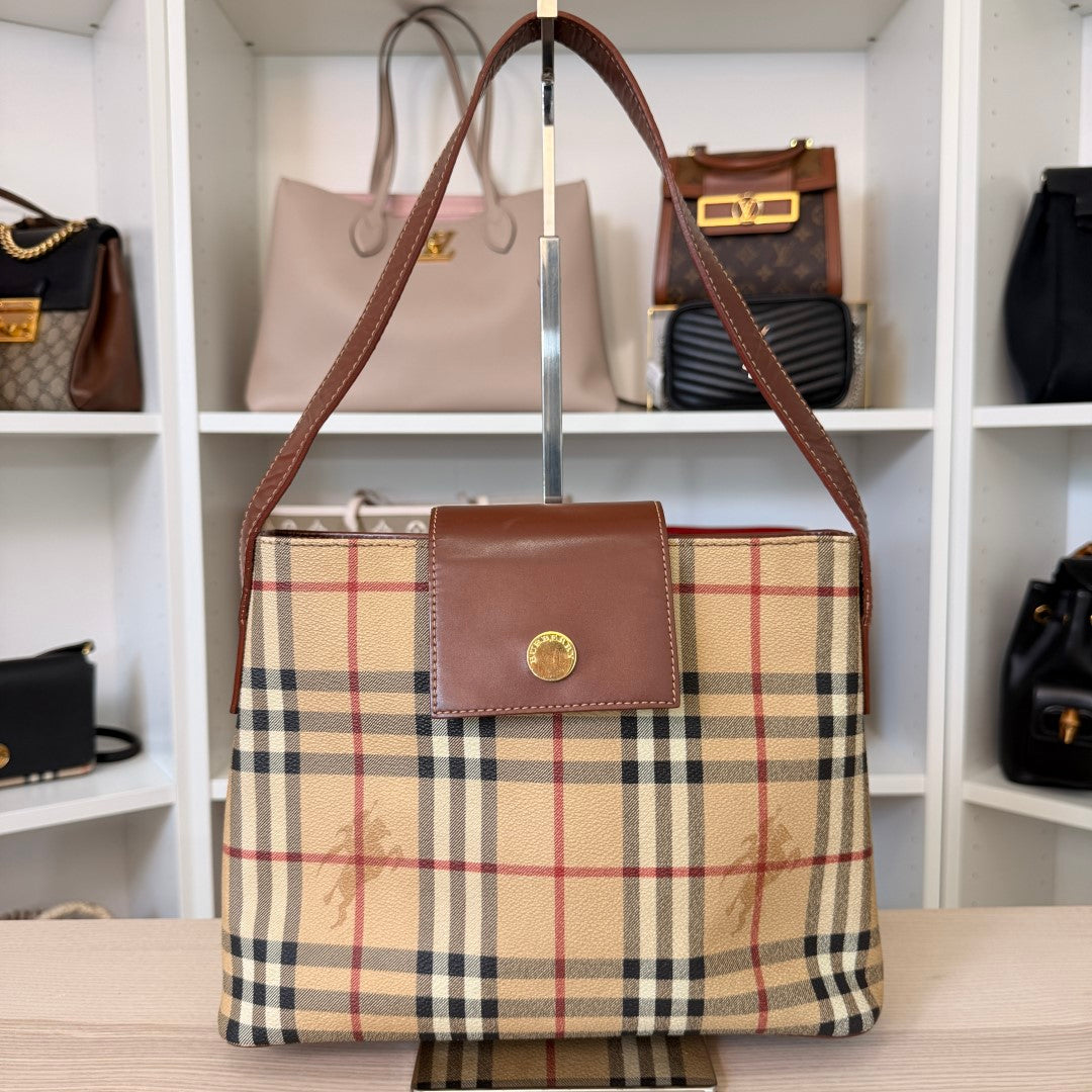 Luxe Vault pre-owned Burberry medium tote bag in signature house check canvas with dark brown leather trim.