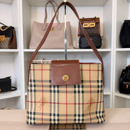 Luxe Vault pre-owned Burberry medium tote bag in signature house check canvas with dark brown leather trim.