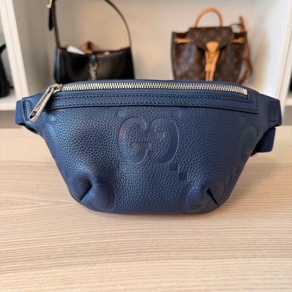 Luxe Vault Gucci Jumbo GG embossed blue leather belt bag with silver tone hardware