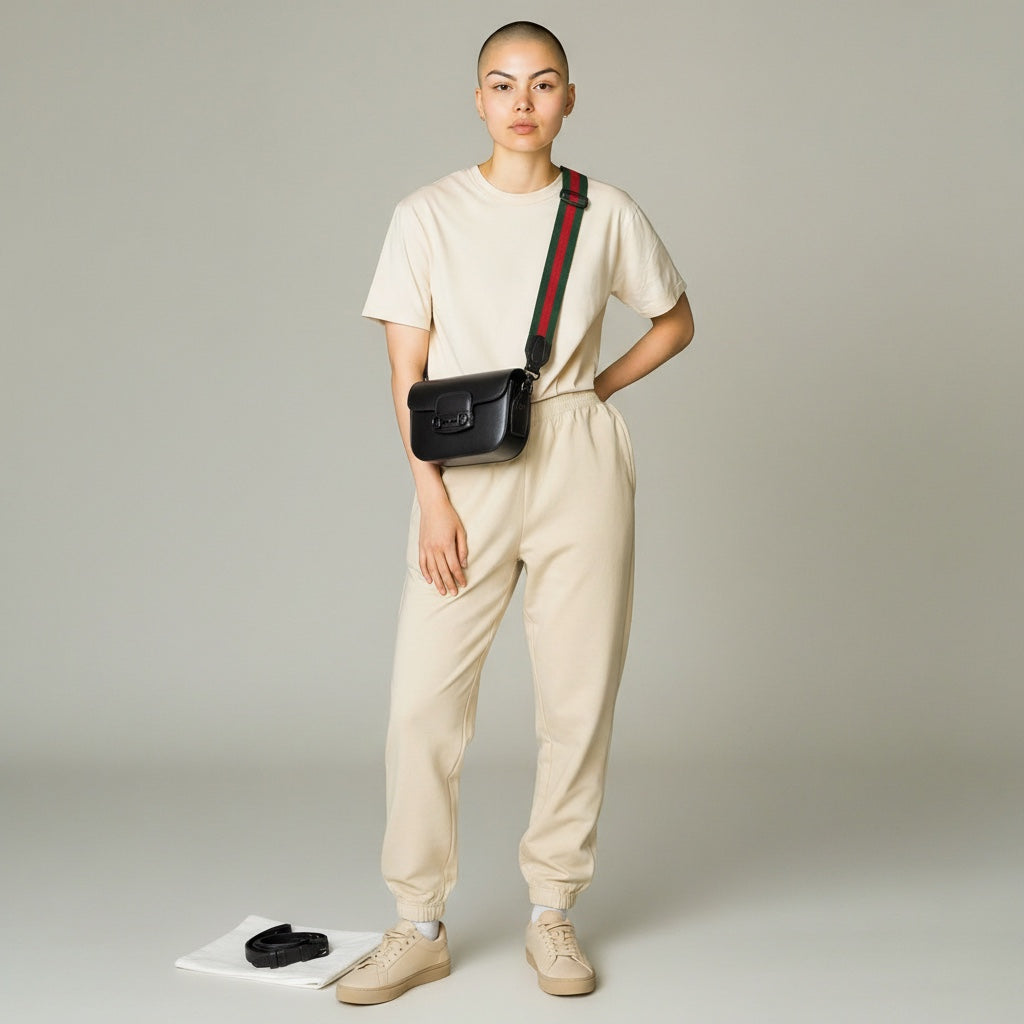 Luxe Vault model wearing a black Gucci Monochrome Horsebit 1955 shoulder bag with a green and red web strap