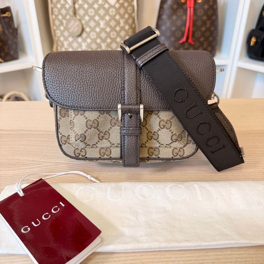 Luxe Vault Gucci monogram mini crossbody bag in beige canvas and brown leather with adjustable logo strap