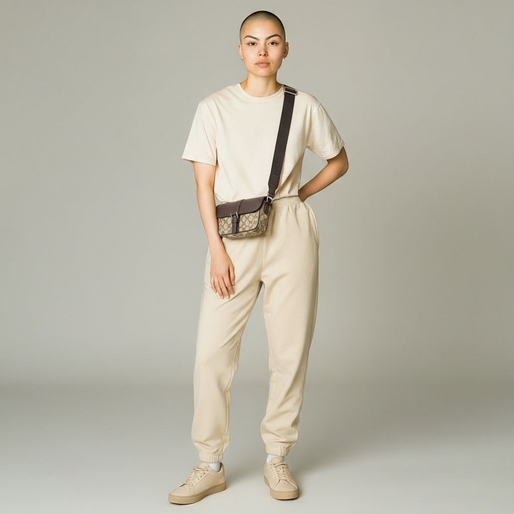 Model wearing a Luxe Vault Gucci monogram mini crossbody bag with a brown strap over a beige lounge set