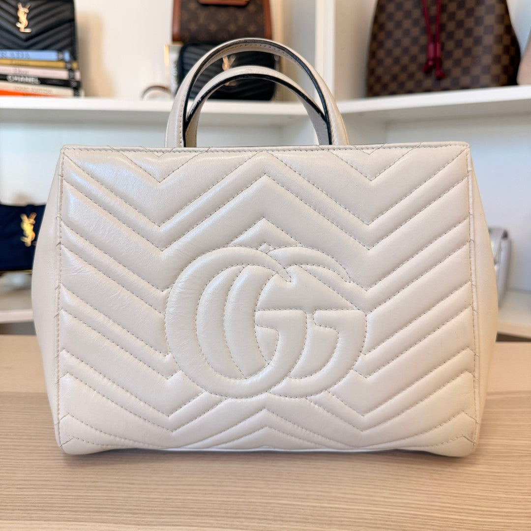 Luxe Vault Gucci white matelasse calfskin leather small GG Marmont tote bag with chevron quilting and top handles.