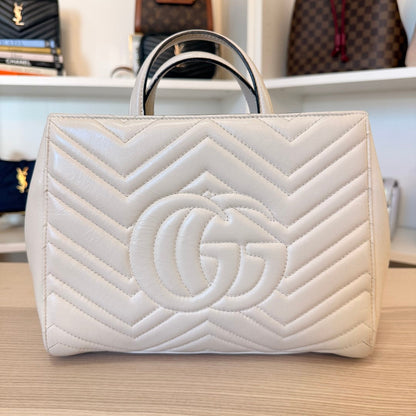 Luxe Vault Gucci white matelasse calfskin leather small GG Marmont tote bag with chevron quilting and top handles.