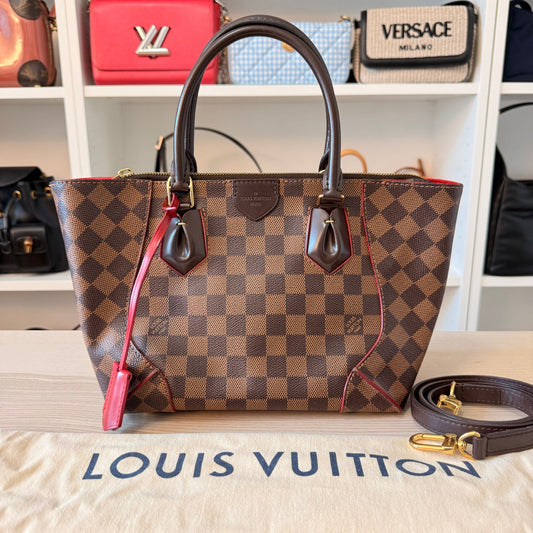 Luxe Vault Louis Vuitton Caissa PM handbag in Damier Ebene canvas with red trim and removable leather shoulder strap