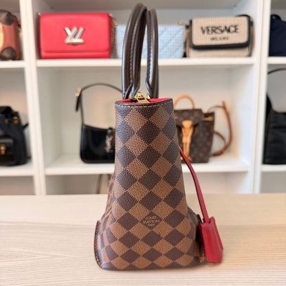 Luxe Vault Louis Vuitton Caissa PM handbag in Damier Ebene canvas with red leather accents, side profile view