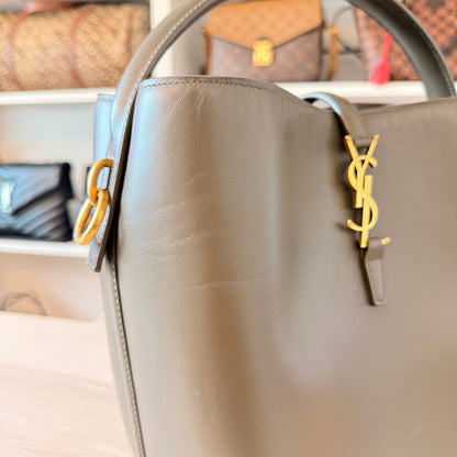 Luxe Vault Saint Laurent Le 37 bucket bag in deep musk shiny calfskin with gold YSL logo hardware