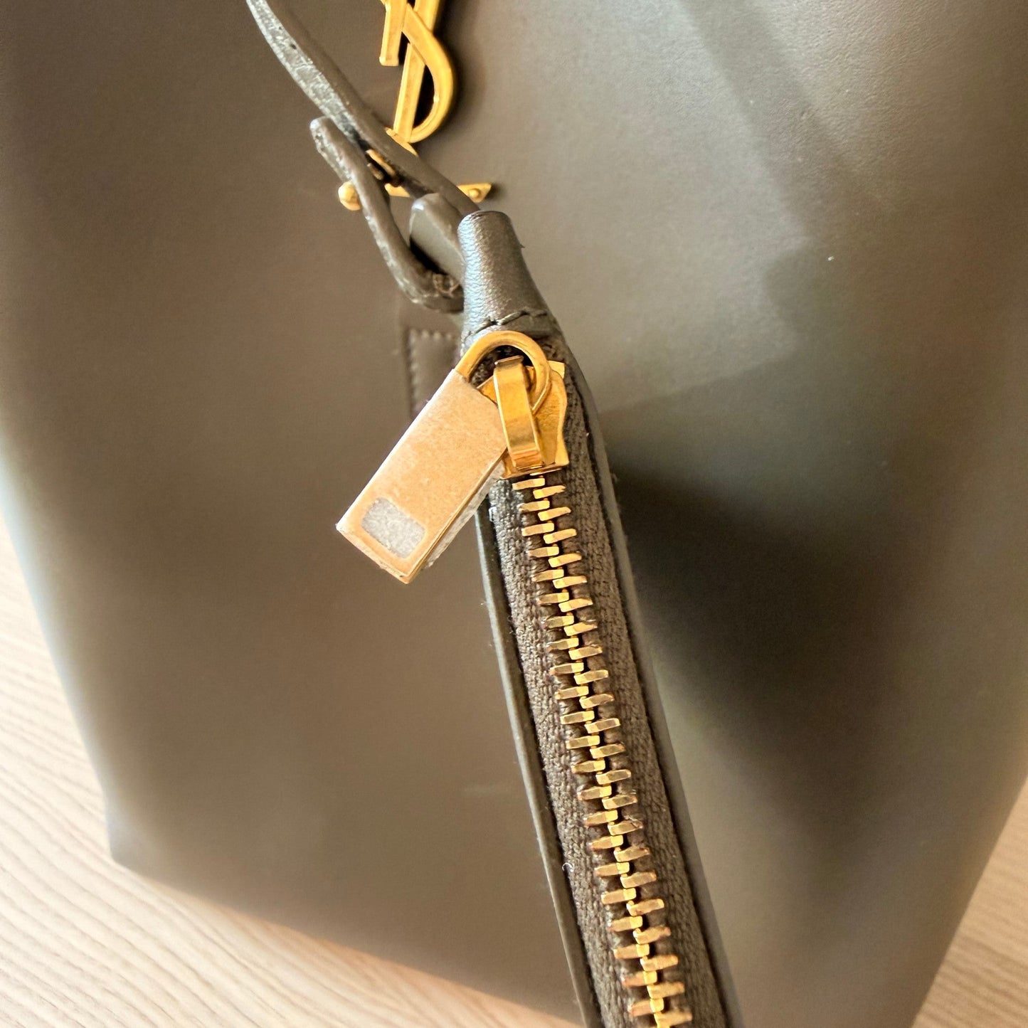 Luxe Vault Saint Laurent Le 37 bucket bag in deep musk shiny calfskin with gold hardware and zipper detail
