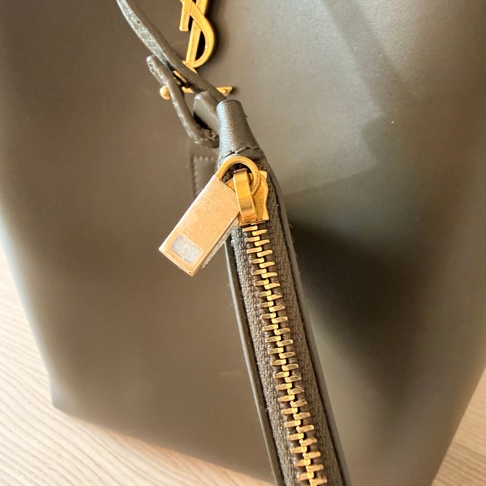Luxe Vault Saint Laurent Le 37 bucket bag in deep musk shiny calfskin with gold hardware and zipper detail