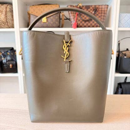 Luxe Vault Saint Laurent Le 37 bucket bag in deep musk shiny calfskin with gold-tone YSL logo hardware