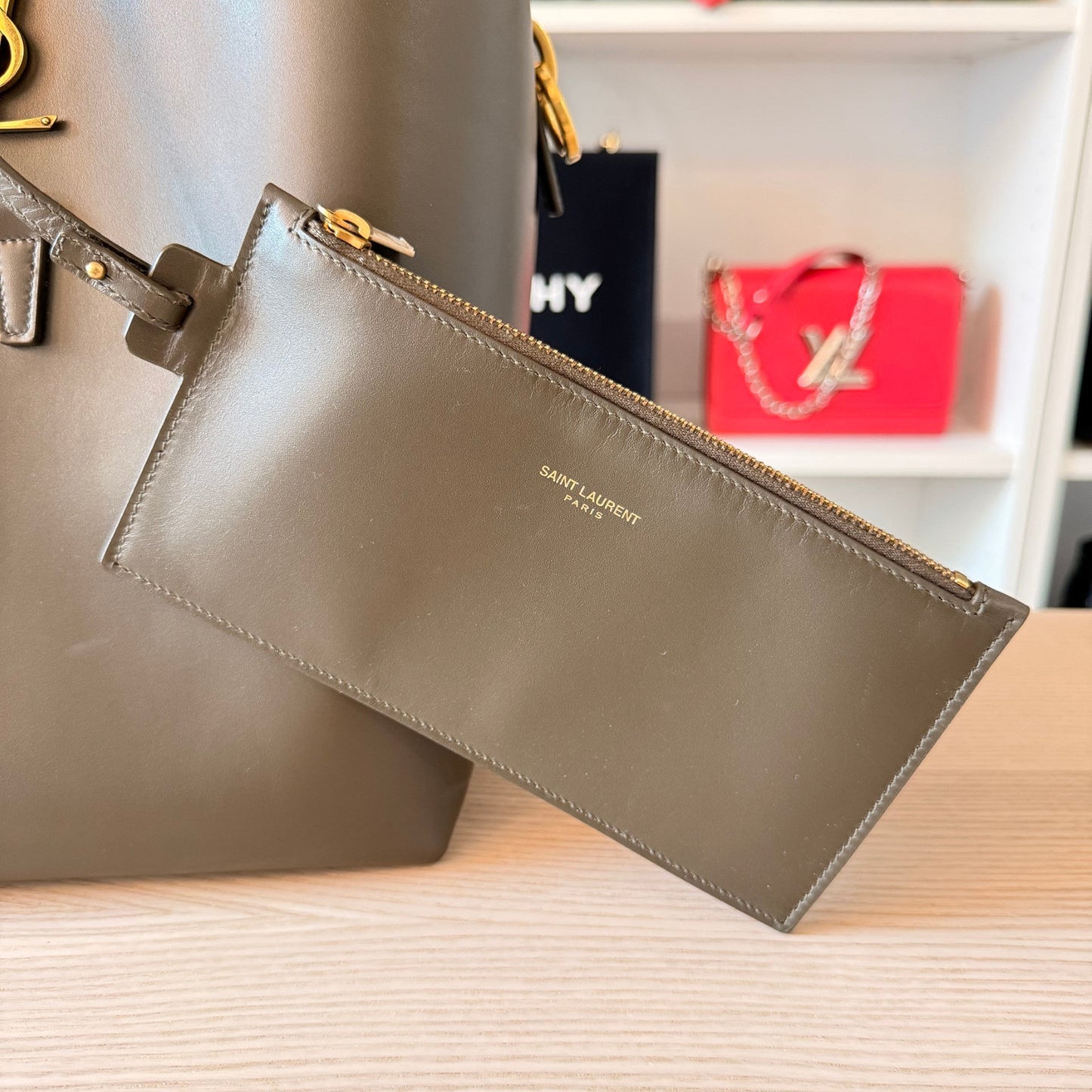 Luxe Vault Saint Laurent Le 37 bucket bag in deep musk shiny calfskin with matching leather zip pouch