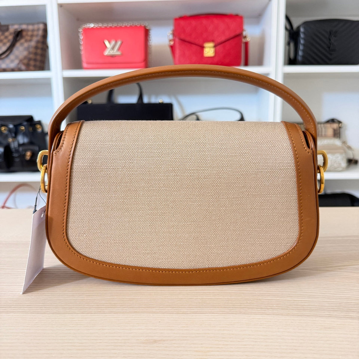Luxe Vault Saint Laurent Voltaire shoulder bag in brown leather and beige canvas with gold hardware