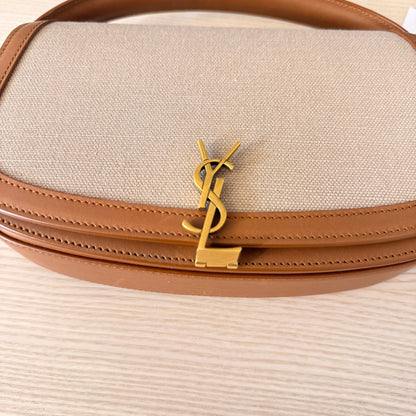 Luxe Vault Saint Laurent Voltaire shoulder bag in brown leather and beige canvas with gold YSL logo hardware